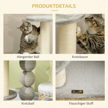 Cat tree with cave & hammock, 115.5 cm jute poles, light grey