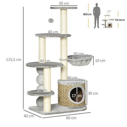 Cat tree with cave & hammock, 115.5 cm jute poles, light grey