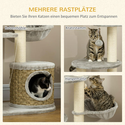 Cat tree with cave & hammock, 115.5 cm jute poles, light grey