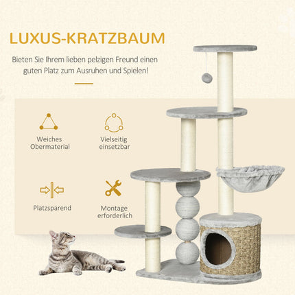 Cat tree with cave & hammock, 115.5 cm jute poles, light grey