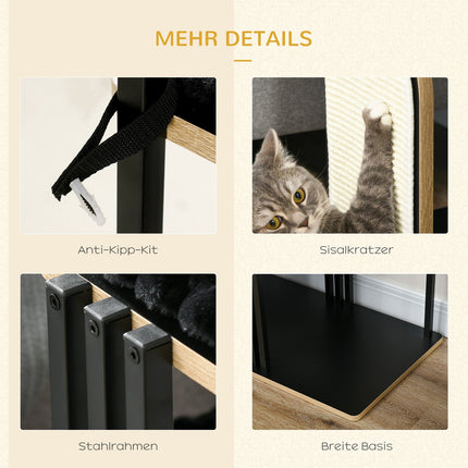 Cat tree with cushion and 2 platforms, black steel, 128cm