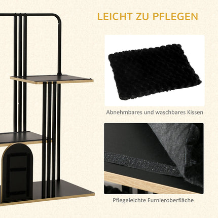 Cat tree with cushion and 2 platforms, black steel, 128cm