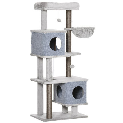 Tall cat tree with caves and platforms, sisal poles, gray