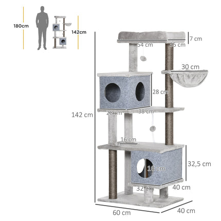 Tall cat tree with caves and platforms, sisal poles, gray