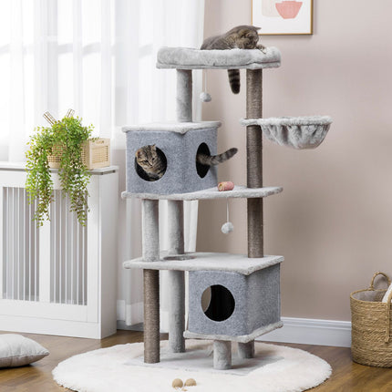 Tall cat tree with caves and platforms, sisal poles, gray
