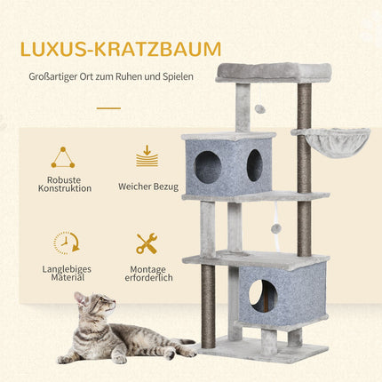 Tall cat tree with caves and platforms, sisal poles, gray