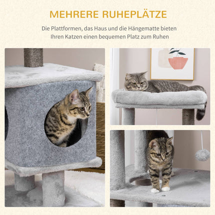 Tall cat tree with caves and platforms, sisal poles, gray