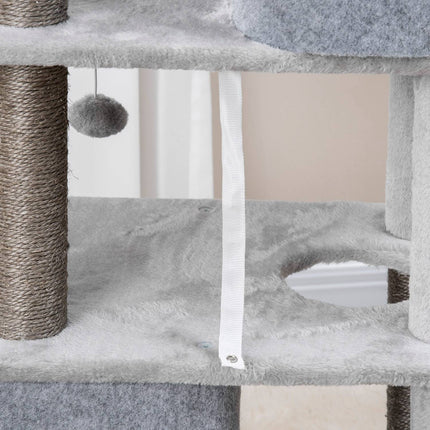 Tall cat tree with caves and platforms, sisal poles, gray