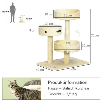 Cat scratching post with bed and toys, 70 cm Beige