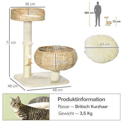 Cat Climbing Tree 72cm with beds & play ball, Beige/Cream