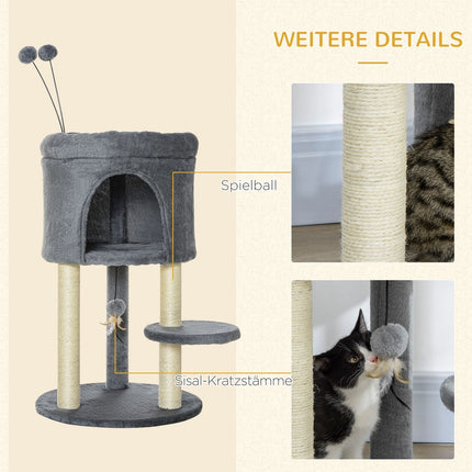 Cat tree with cave, toy ball & sisal - grey/cream, 73.5 cm