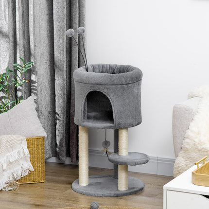 Cat tree with cave, toy ball & sisal - grey/cream, 73.5 cm