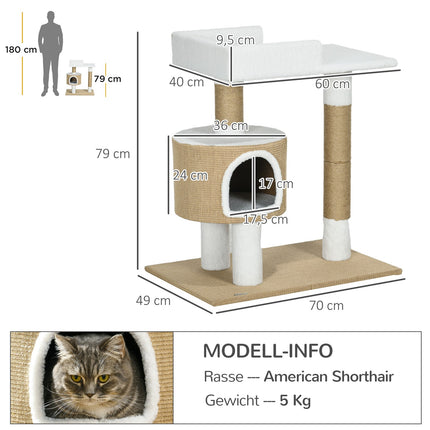 Cat tree scratching post, 79 cm with cave and bed, jute