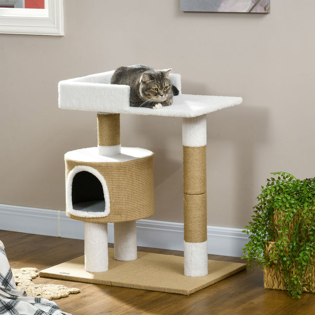 Cat tree scratching post, 79 cm with cave and bed, jute