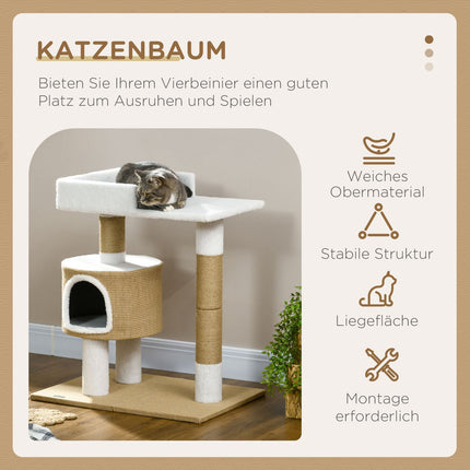 Cat tree scratching post, 79 cm with cave and bed, jute