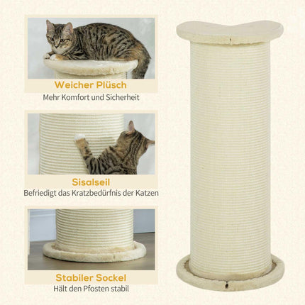 Cat scratching post, 85 cm, sisal rope, plush cream