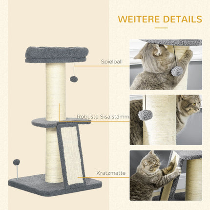 Long cat climbing tree with sisal & play ball, grey/cream