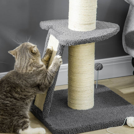 Long cat climbing tree with sisal & play ball, grey/cream