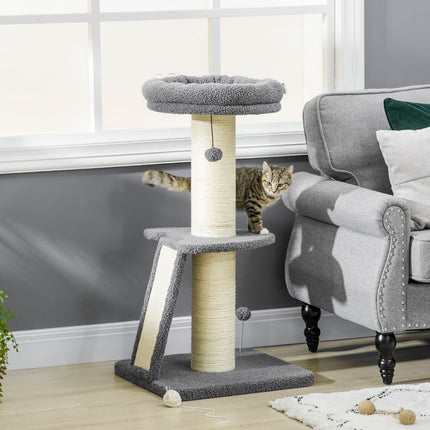 Long cat climbing tree with sisal & play ball, grey/cream