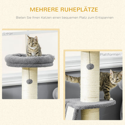 Long cat climbing tree with sisal & play ball, grey/cream