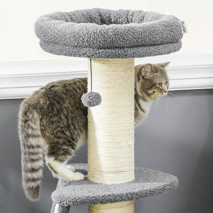 Long cat climbing tree with sisal & play ball, grey/cream