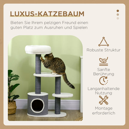 Cat tree with cave & scratching post, 98cm, grey/white