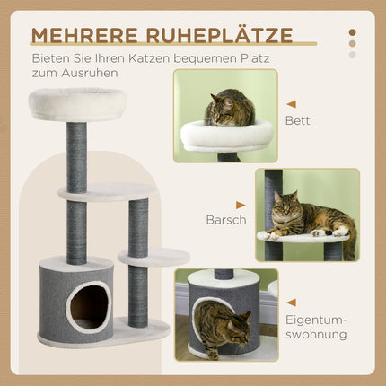 Cat tree with cave & scratching post, 98cm, grey/white