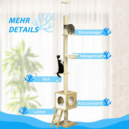 Cat scratching post with high ceiling with house and hammock