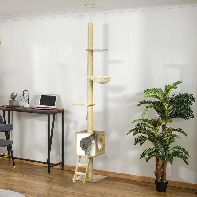 Cat scratching post with high ceiling with house and hammock