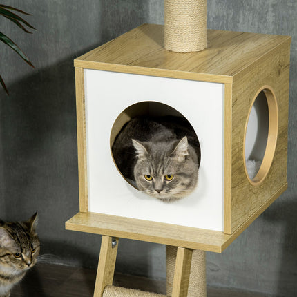 Cat scratching post with high ceiling with house and hammock