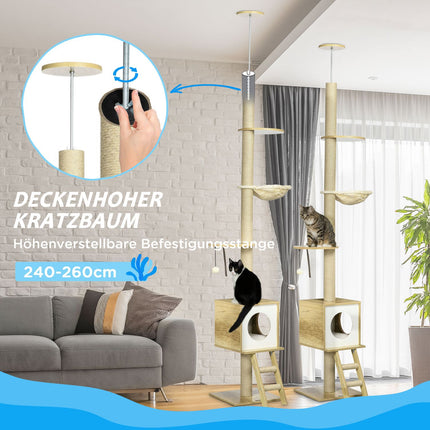 Cat scratching post with high ceiling with house and hammock