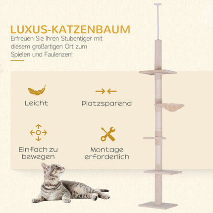 Adjustable beige cat tower with sisal for climbing, 230-260cm