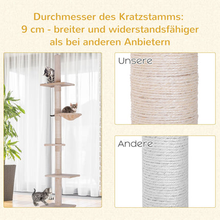 Adjustable beige cat tower with sisal for climbing, 230-260cm