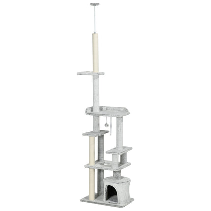 Cat tree with high ceiling, scratching post, light grey, 225-255 cm