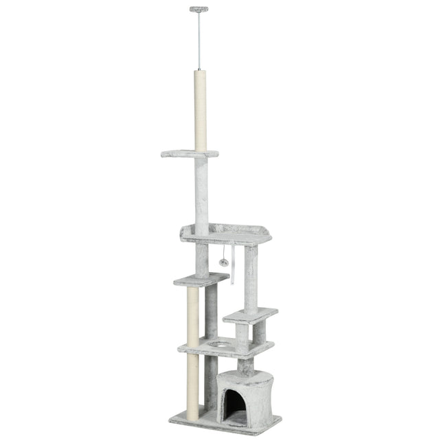 Cat tree with high ceiling, scratching post, light grey, 225-255 cm
