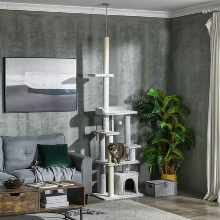 Cat tree with high ceiling, scratching post, light grey, 225-255 cm