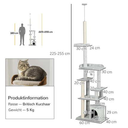 Cat tree with high ceiling, scratching post, light grey, 225-255 cm