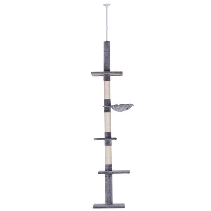High ceiling, gray cat tree with adjustable height and sisal