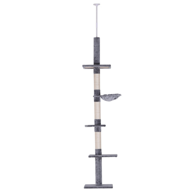 High ceiling, gray cat tree with adjustable height and sisal