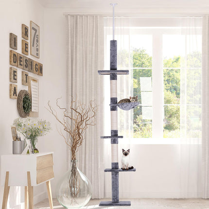 High ceiling, gray cat tree with adjustable height and sisal