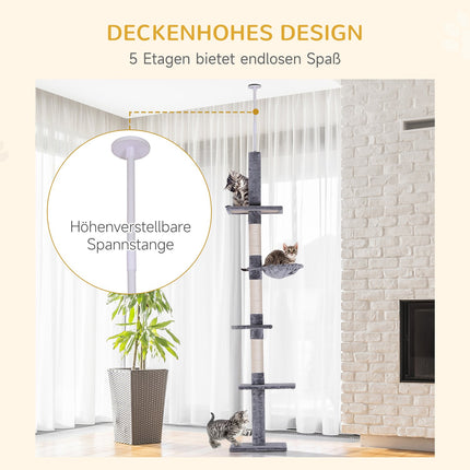 High ceiling, gray cat tree with adjustable height and sisal