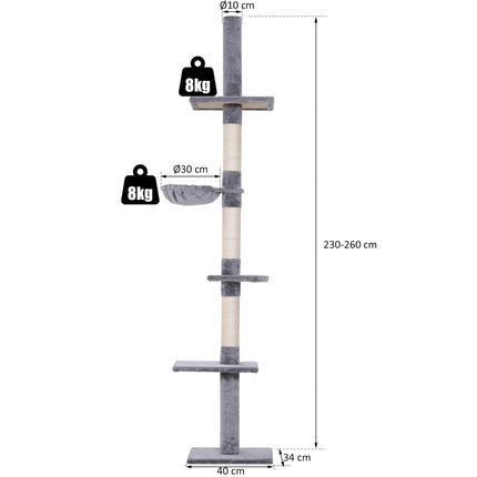 High ceiling, gray cat tree with adjustable height and sisal