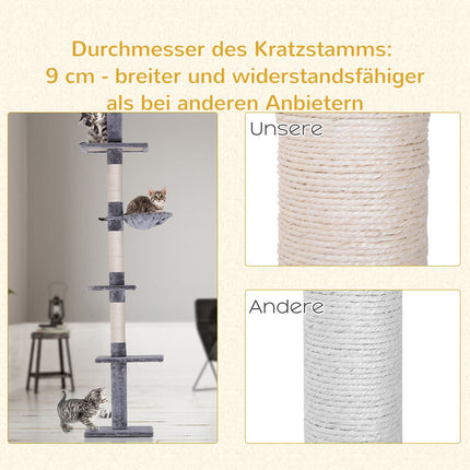High ceiling, gray cat tree with adjustable height and sisal