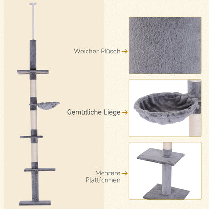 High ceiling, gray cat tree with adjustable height and sisal