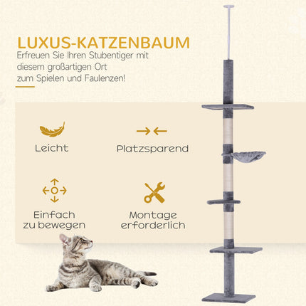 High ceiling, gray cat tree with adjustable height and sisal