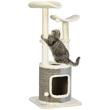 Cat scratching post with cave, platform and play ball, cream white
