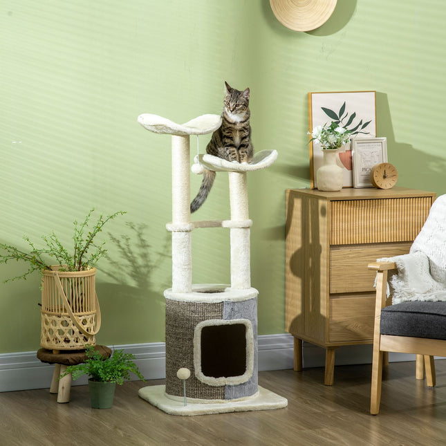 Cat scratching post with cave, platform and play ball, cream white