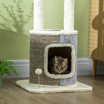 Cat scratching post with cave, platform and play ball, cream white