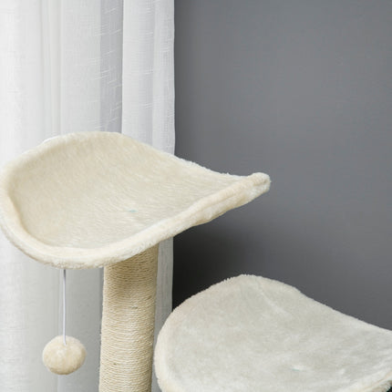 Cat scratching post with cave, platform and play ball, cream white