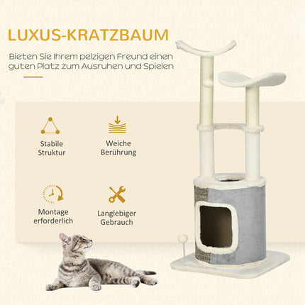 Cat scratching post with cave, platform and play ball, cream white